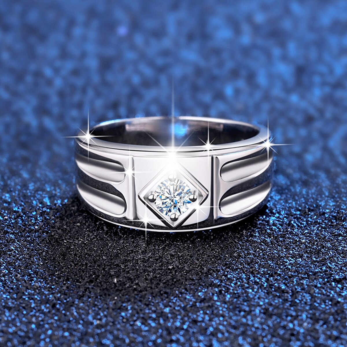Mens Moissanite Ring Sterling Silver