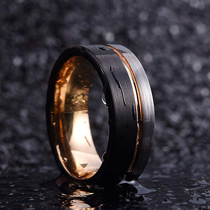 8mm Mens Tungsten Ring Black Rose Gold Line Brushed Finish