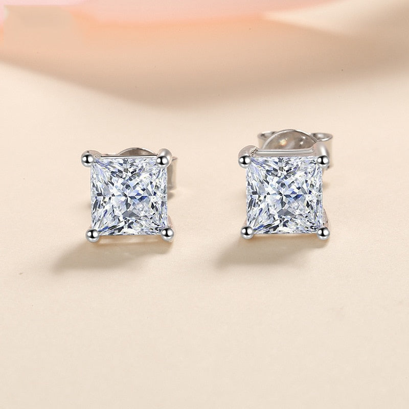 Holloway Jewellery UK Princess Cut Moissanite Diamond Stud Earrings Sterling Silver