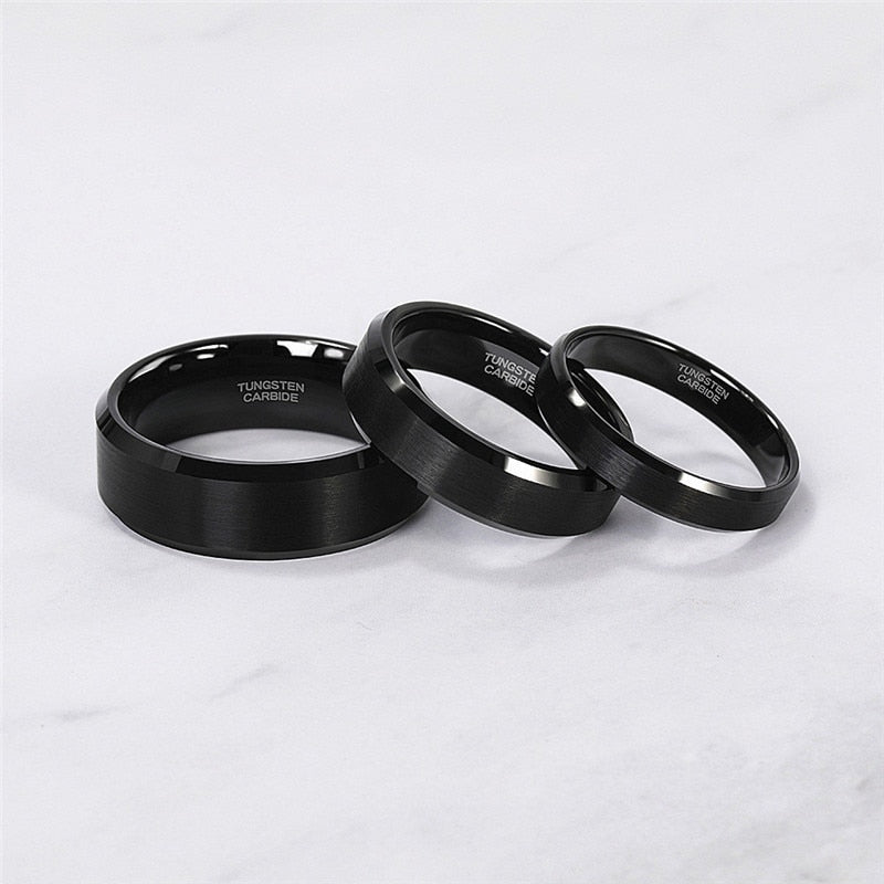 6mm / 8mm / 10mm Tungsten Carbide Ring Mens Womens Brushed Black Colour Bevelled Edge