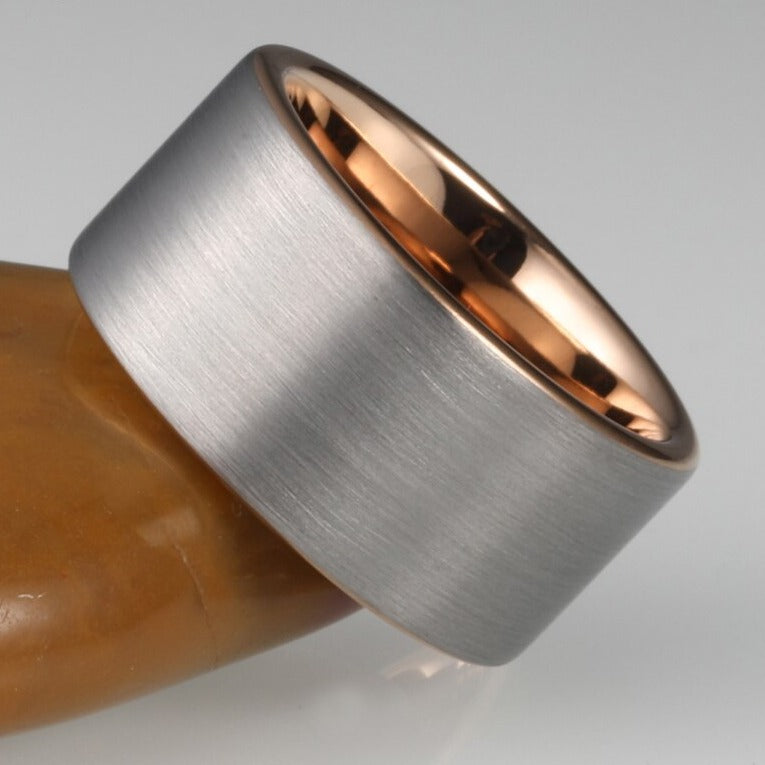 silver rose gold tungsten ring Holloway Jewellery 12mm wide mens ring