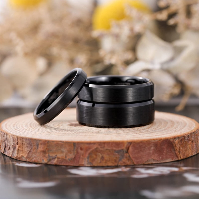 6mm / 8mm / 10mm Tungsten Carbide Ring Mens Womens Brushed Black Colour Bevelled Edge