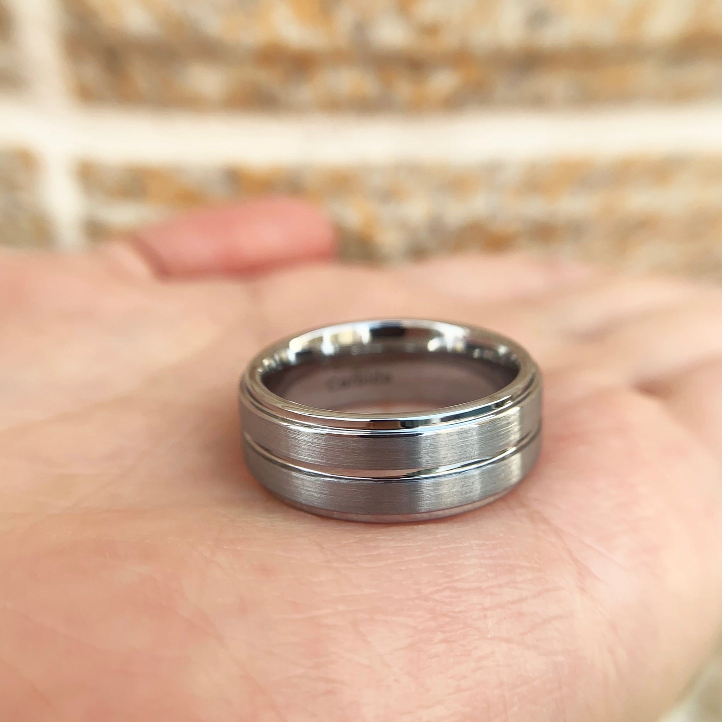 8mm Tungsten Carbide Stepped Groove Mens Ring / Mens Wedding Band