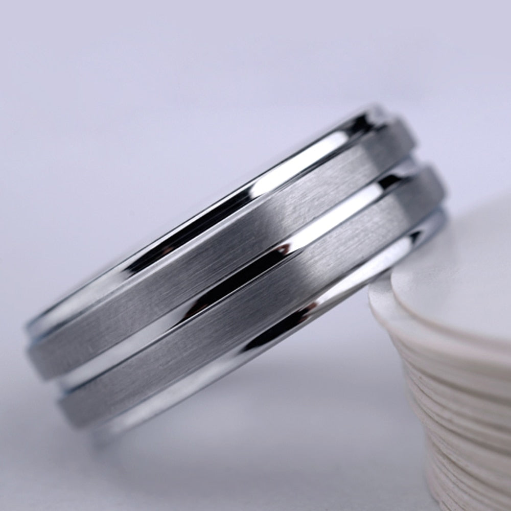 8mm Tungsten Carbide Stepped Groove Mens Ring / Mens Wedding Band