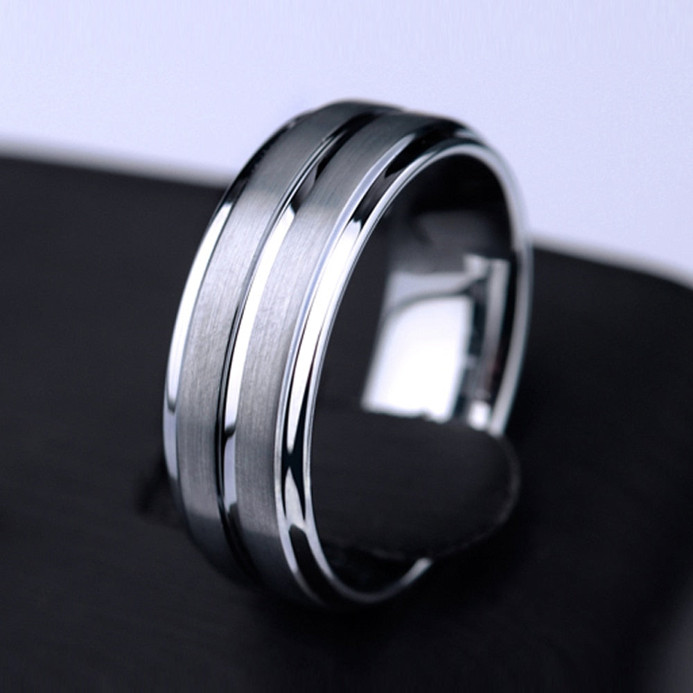 8mm Tungsten Carbide Stepped Groove Mens Ring / Mens Wedding Band