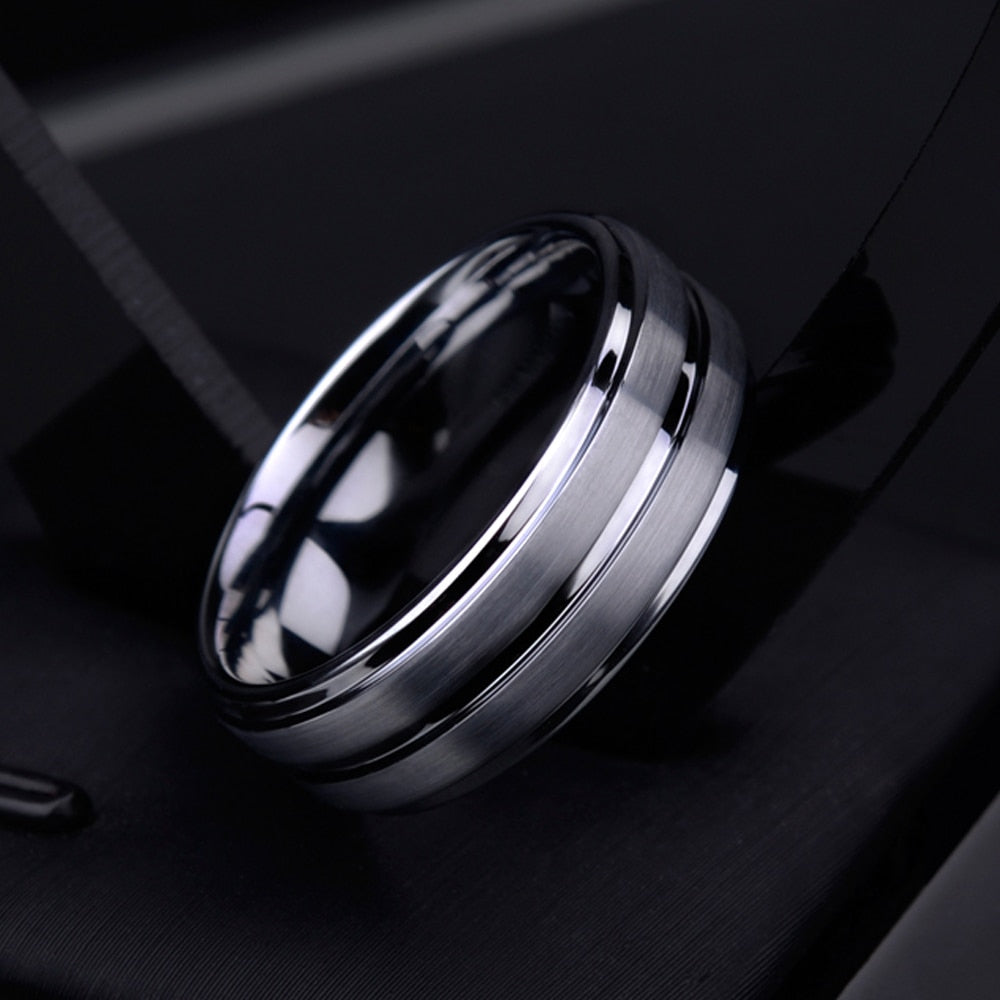 8mm Tungsten Carbide Stepped Groove Mens Ring / Mens Wedding Band