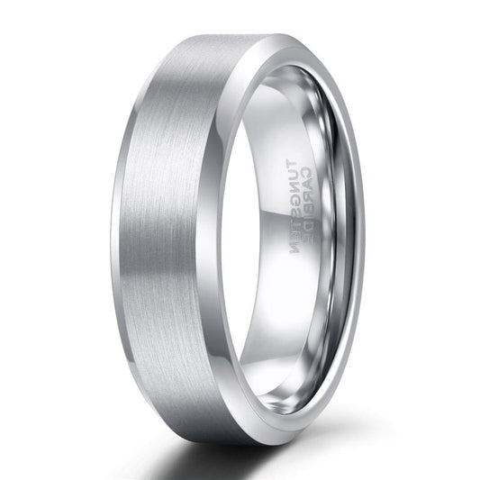 6mm Tungsten Carbide Ring Mens Womens Brushed Silver Colour Bevelled Edge