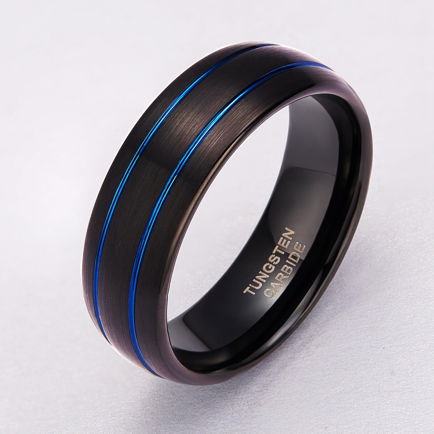 8mm Tungsten Ring Mens Black With Double Blue Lines Dome Band Comfort Fit