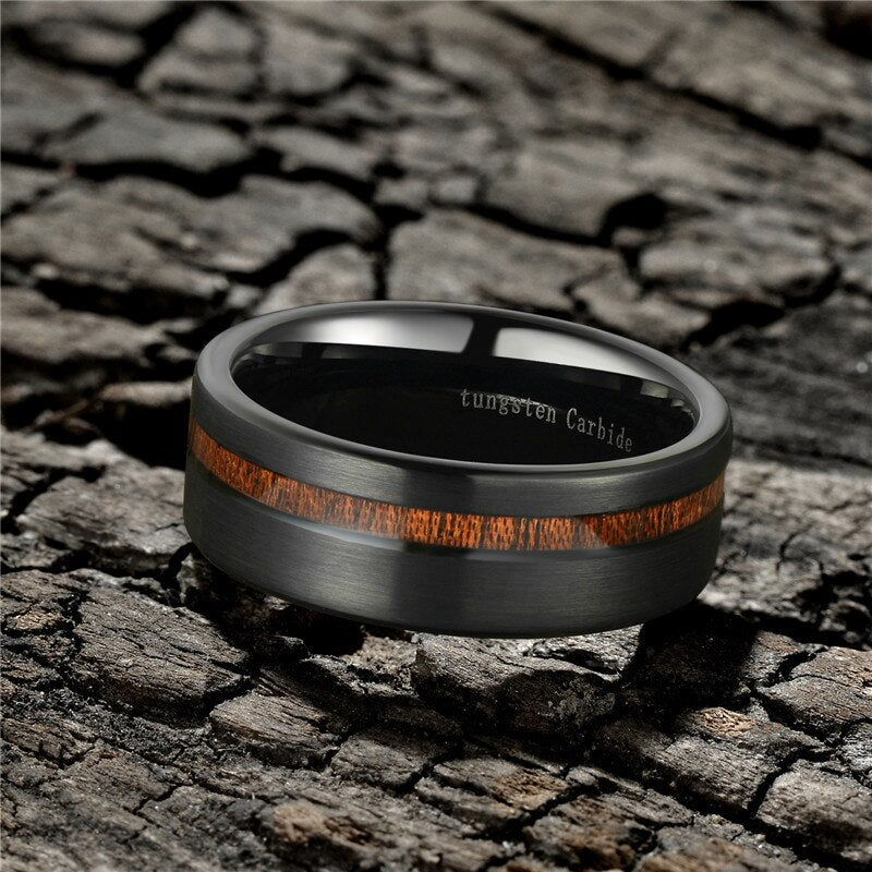 wood inlay black tungsten mens ring Holloway Jewellery
