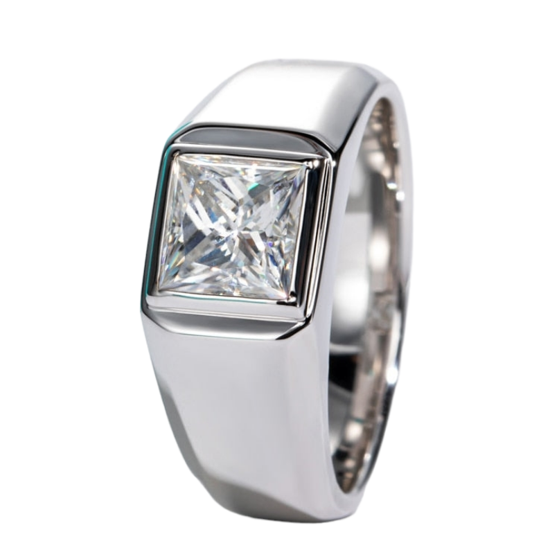 Princess Cut Sterling Silver Mens Moissanite Ring