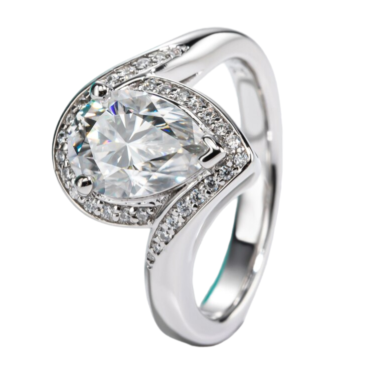 Moissanite Ring Pear Shape Halo Sterling Silver