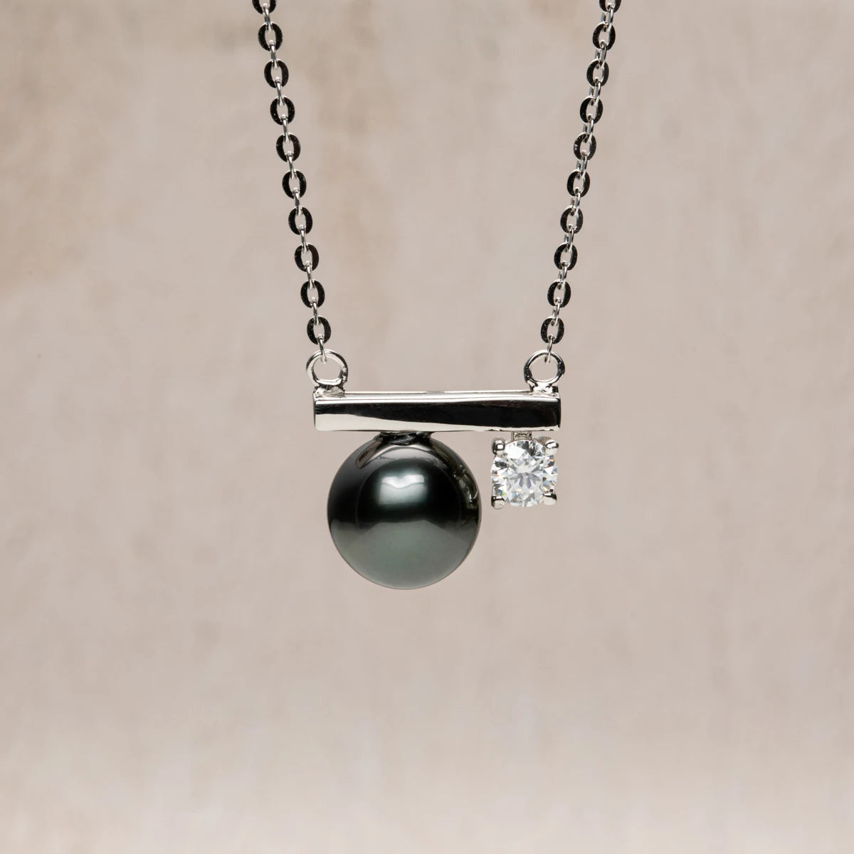 Tahitian Black Pearl Moissanite Diamond Necklace Sterling Silver