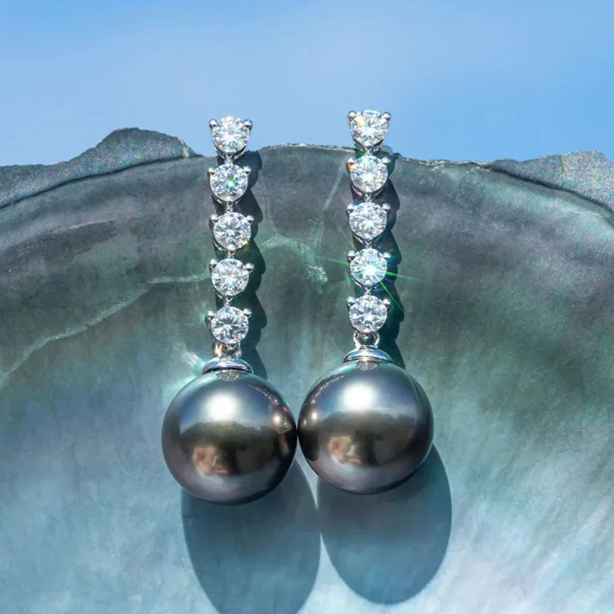 Tahitian Black Pearl Moissanite Diamond Earrings