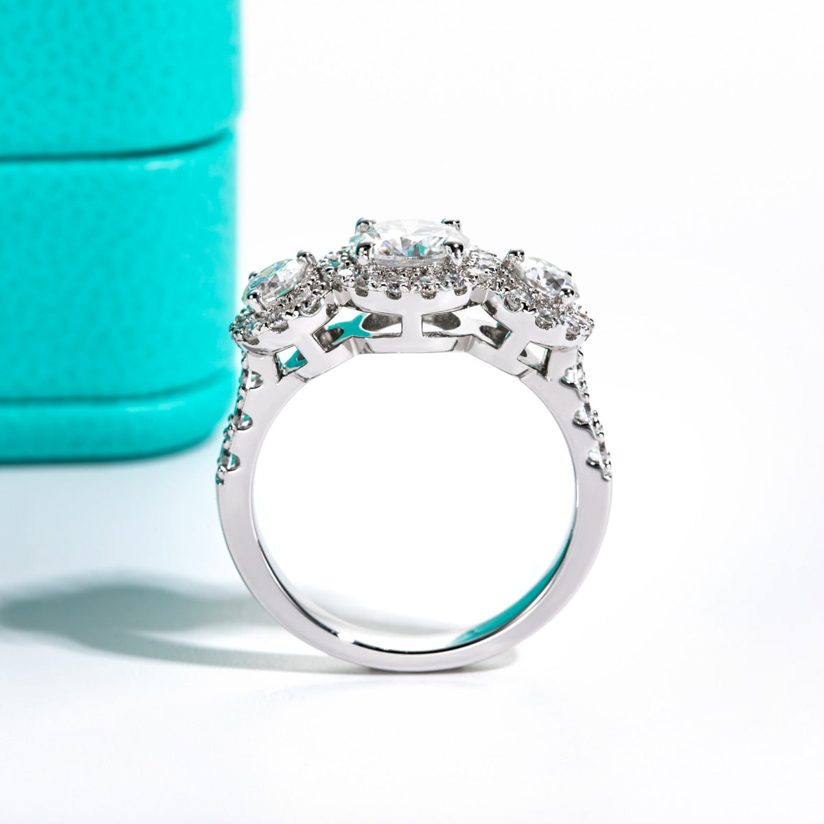 Sterling Silver Moissanite Diamond Halo Three Stone Ring US