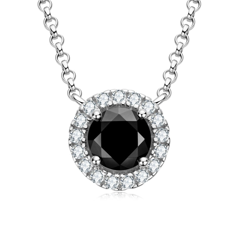 1 Carat Round Cut Black Moissanite Diamond Sterling Silver Halo Pendant Necklace