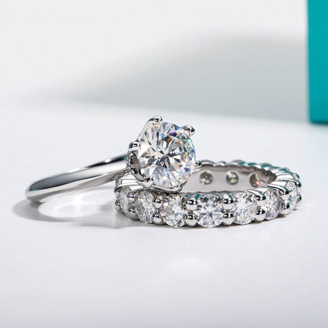 2ct Moissanite Solitaire Engagement Ring and Moissanite Eternity Ring Set 925 Sterling Silver