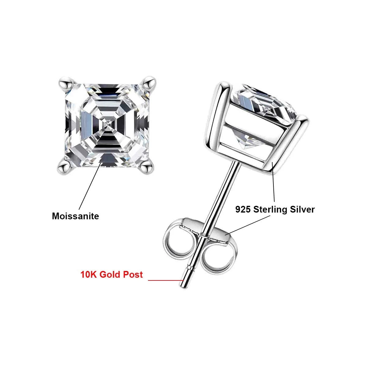 Holloway Jewellery UK Asscher Cut Moissanite Diamond Stud Earrings