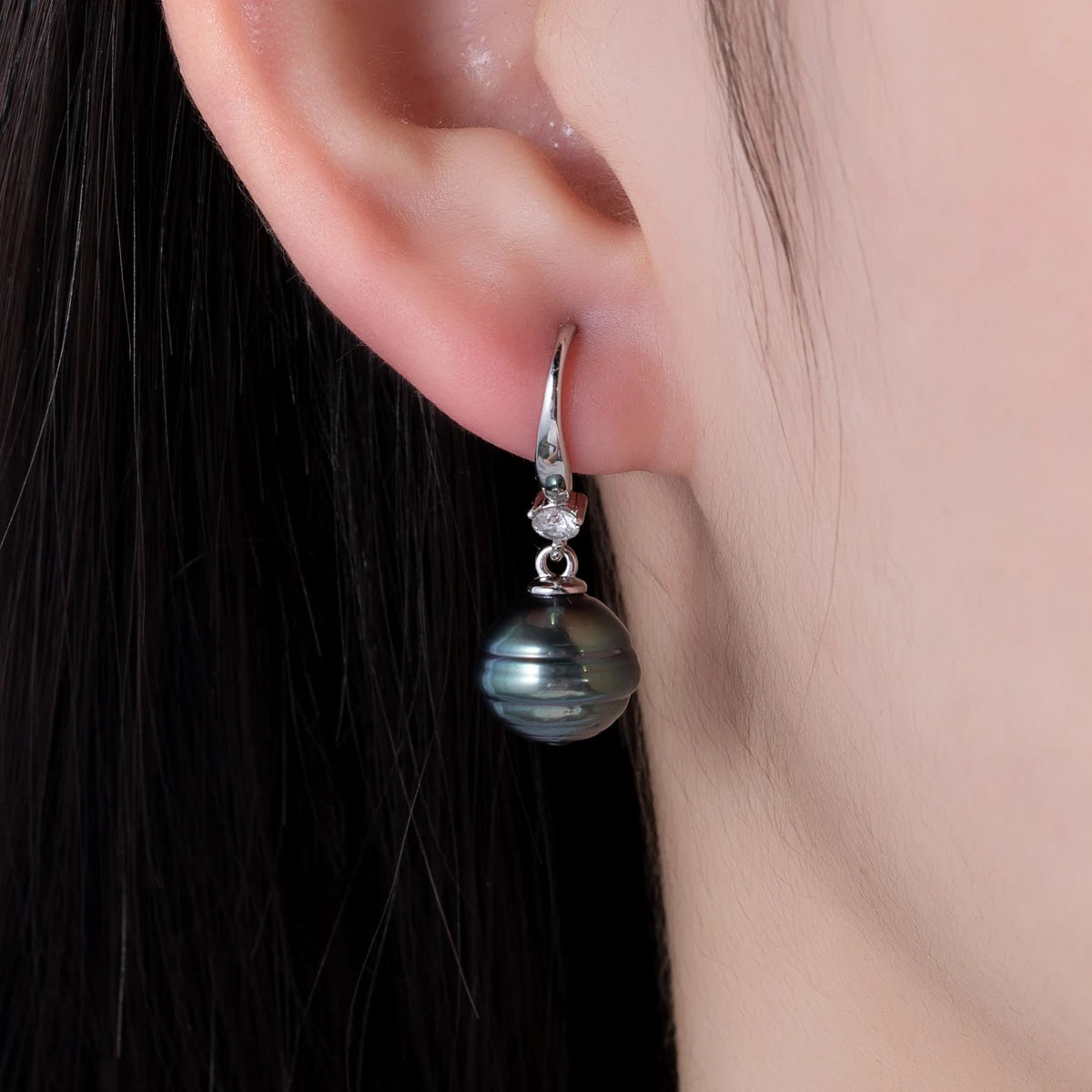Sterling Silver Black Pearl Moissanite Earrings