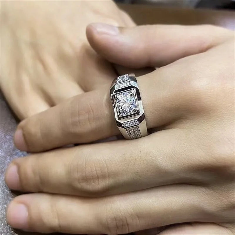 1 Carat Mens Moissanite Diamond Ring Sterling Silver