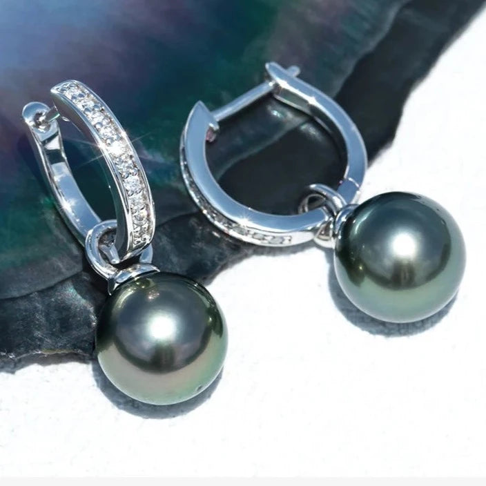 Tahitian Black Pearl Moissanite Huggie Hoop Earrings
