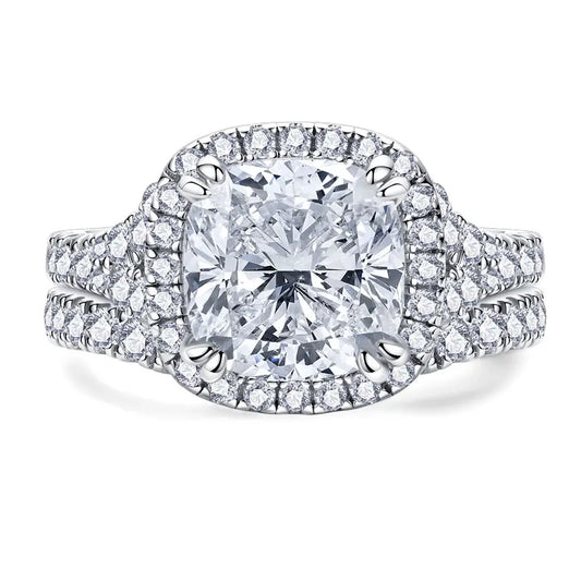 Cushion Cut Moissanite Halo Ring Set Sterling Silver
