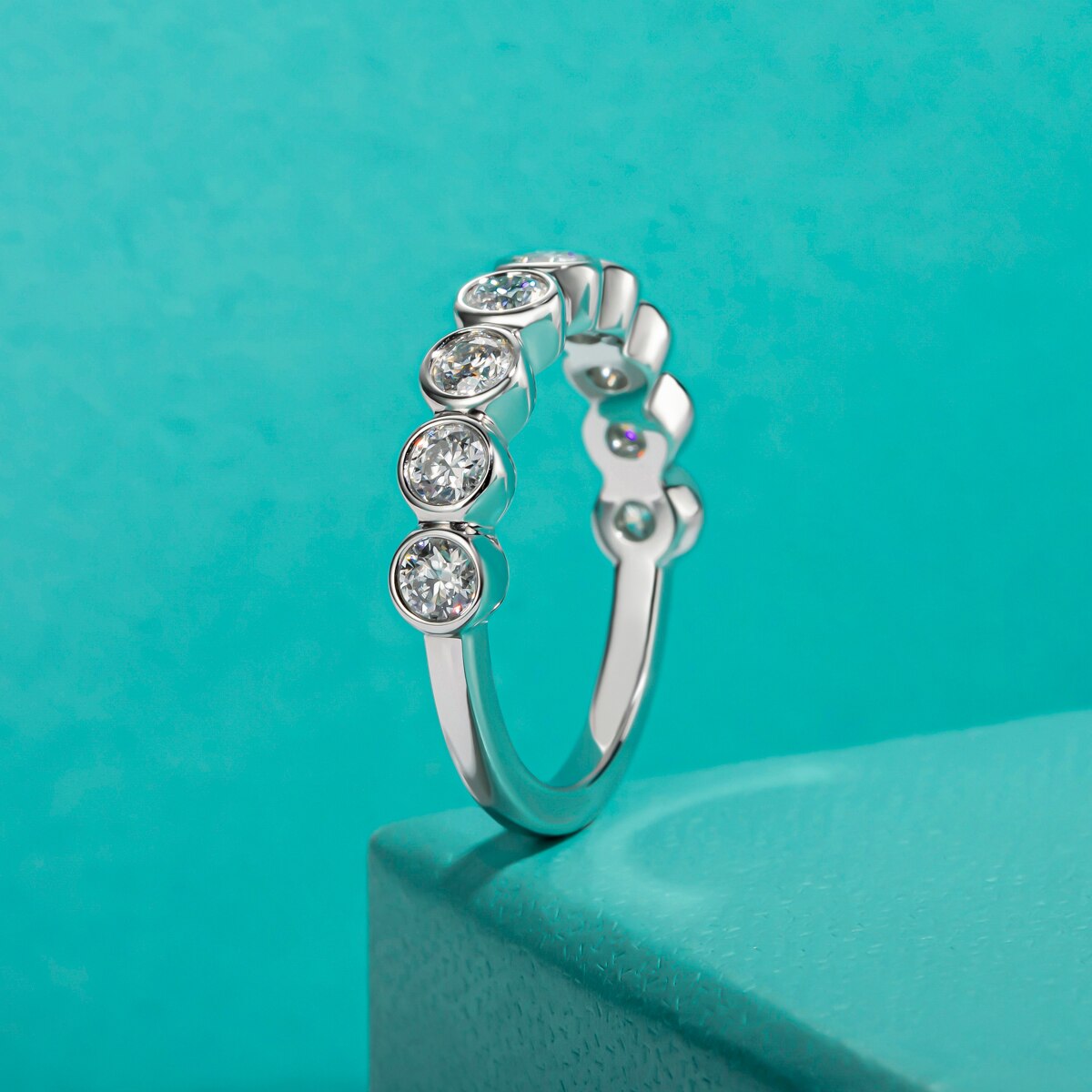 Moissanite Diamond Half Eternity Bezel Ring Sterling Silver