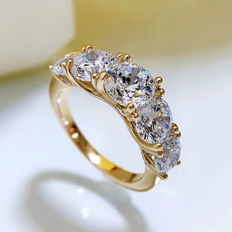 5 Stone Moissanite Diamond Ring 925 Sterling Silver Gold Colour