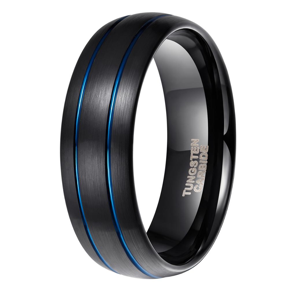 8mm Tungsten Ring Mens Black With Double Blue Lines Dome Band Comfort Fit
