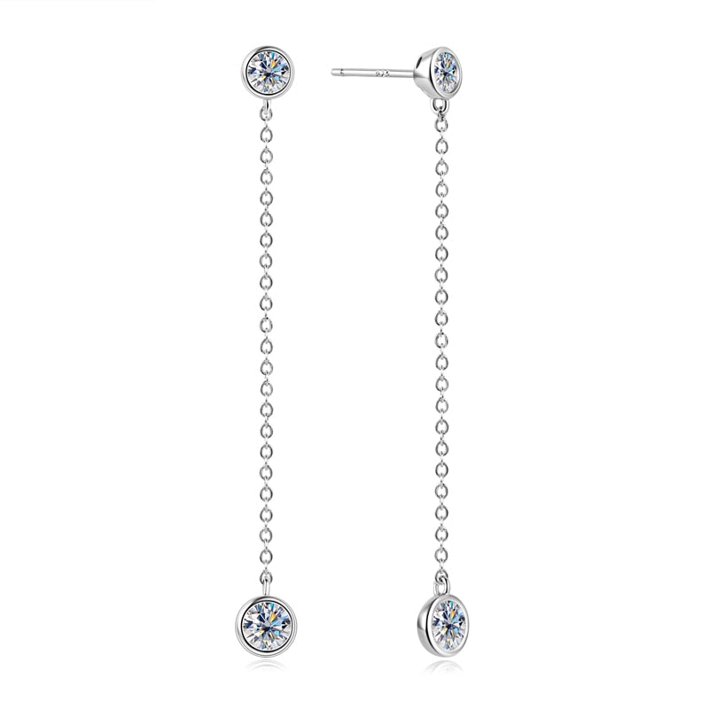 Long Tassel Drop Moissanite Diamond Bezel Earrings Sterling Silver