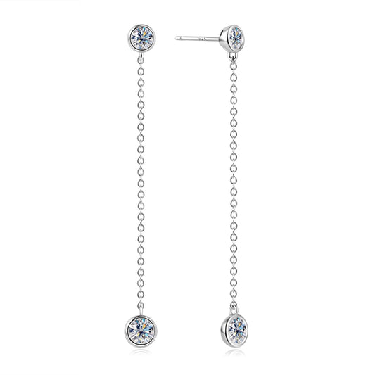 Long Tassel Drop Moissanite Diamond Bezel Earrings Sterling Silver