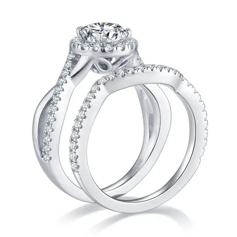 Round Halo Moissanite Diamond Ring Set Sterling Silver