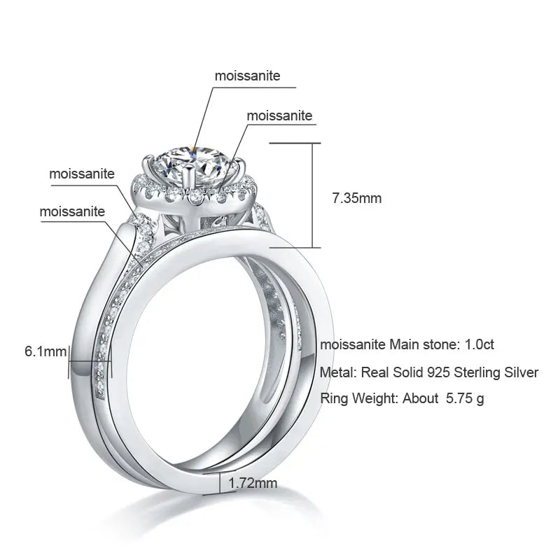 Round Halo Moissanite Diamond Ring Set Sterling Silver