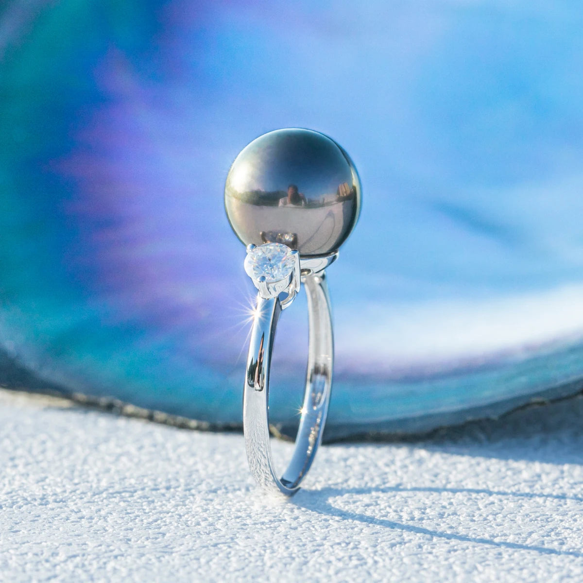 Black Pearl Moissanite Diamond Ring 10K White Gold
