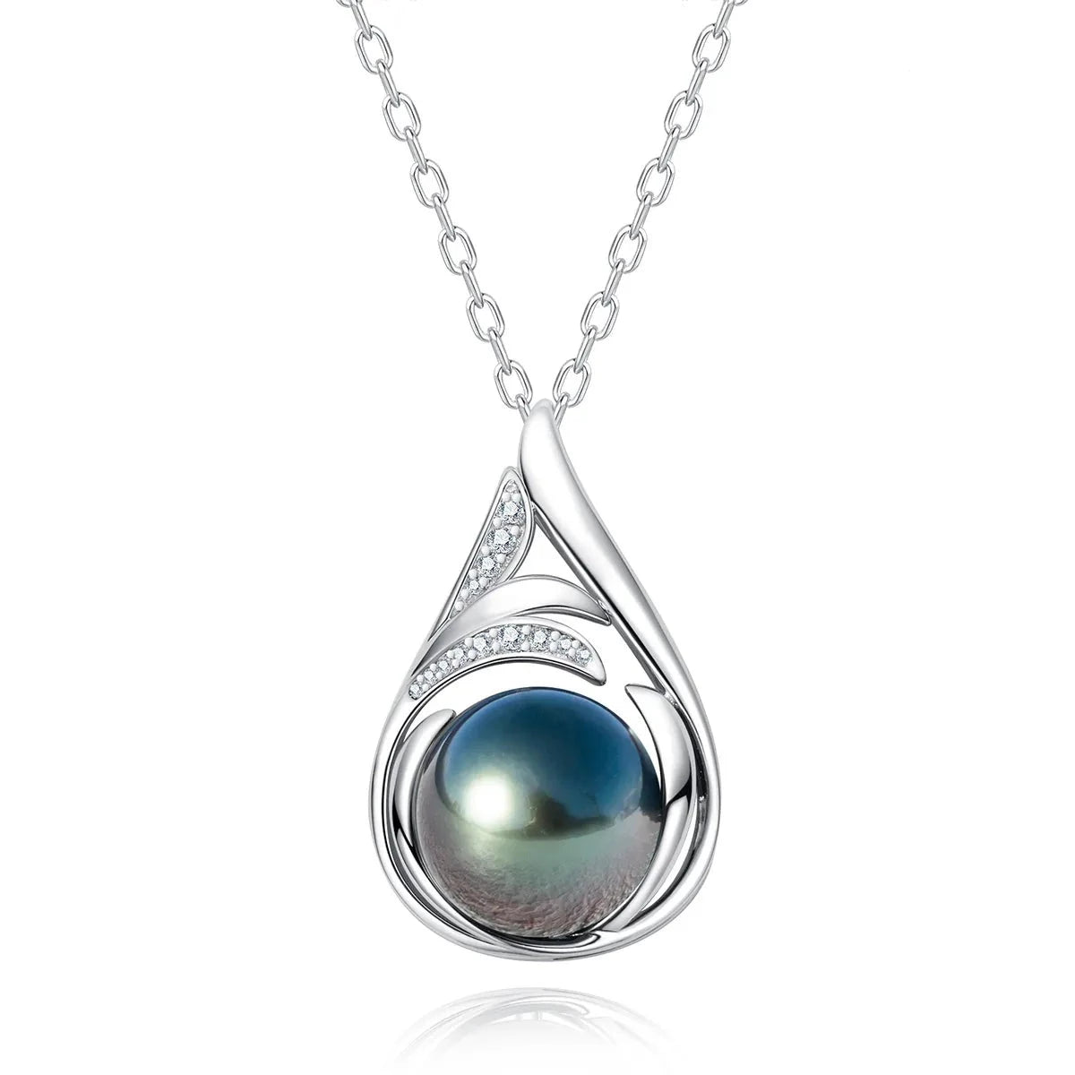 Tahitian Black Pearl Moissanite Diamond Pendant Necklace Sterling Silver
