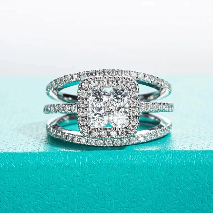 Iced Out Moissanite Square Halo Triple Shank Ring Sterling Silver
