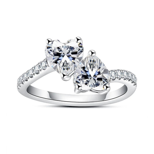 Double Heart Shape Moissanite Diamond Ring Sterling Silver