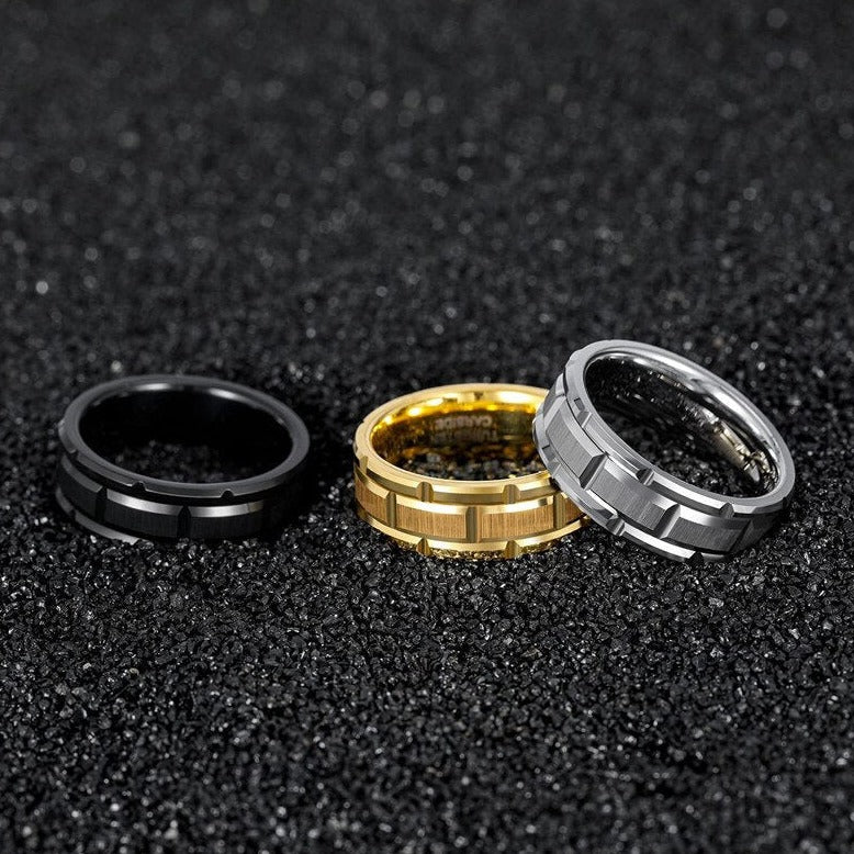 brick design mens tungsten rings black silver gold Holloway Jewellery Australia