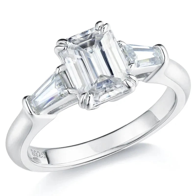 2 Carat Emerald Cut Moissanite Diamond Three Stone Ring Sterling Silver