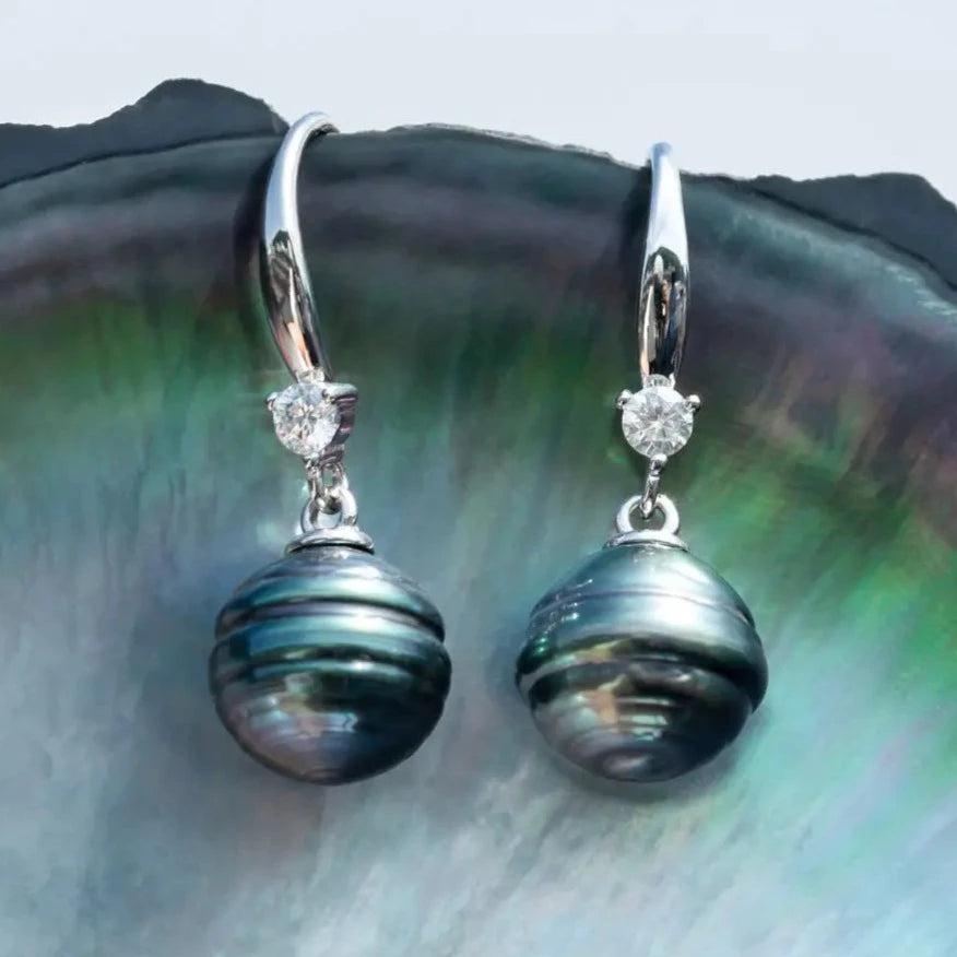 Tahitian Black Pearl Moissanite Diamond Earrings Free Shipping NZ