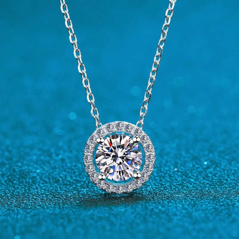 0.5-2ct Moissanite Diamond Necklace Halo Pendant O-Chain Sterling Silver