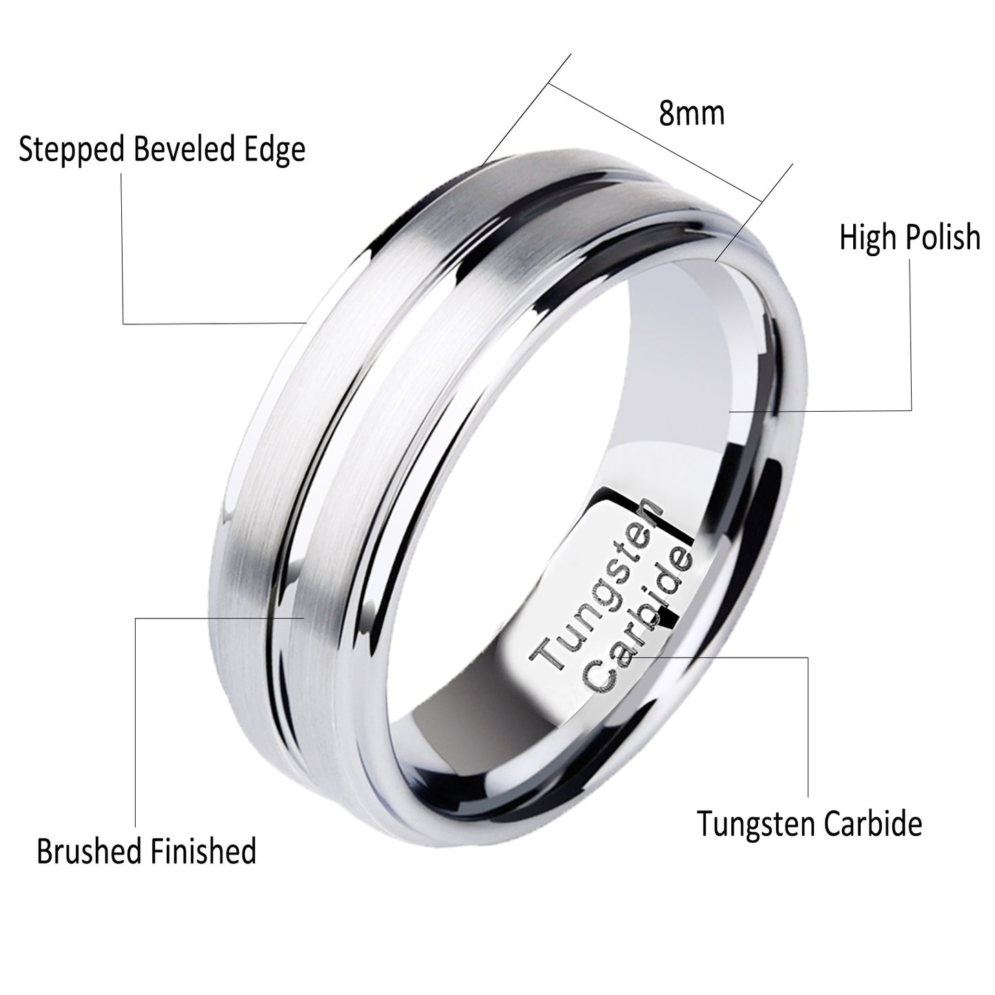 8mm Tungsten Carbide Stepped Groove Mens Ring / Mens Wedding Band