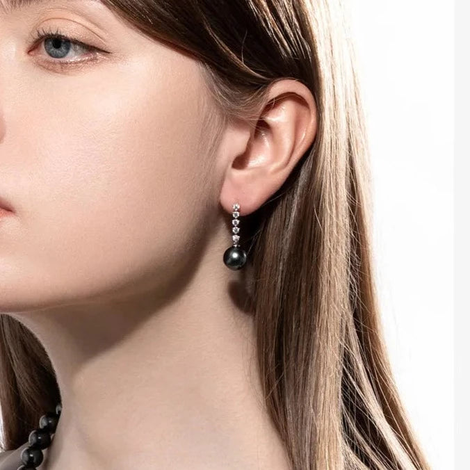 10K White Gold Black Pearl Moissanite Earrings