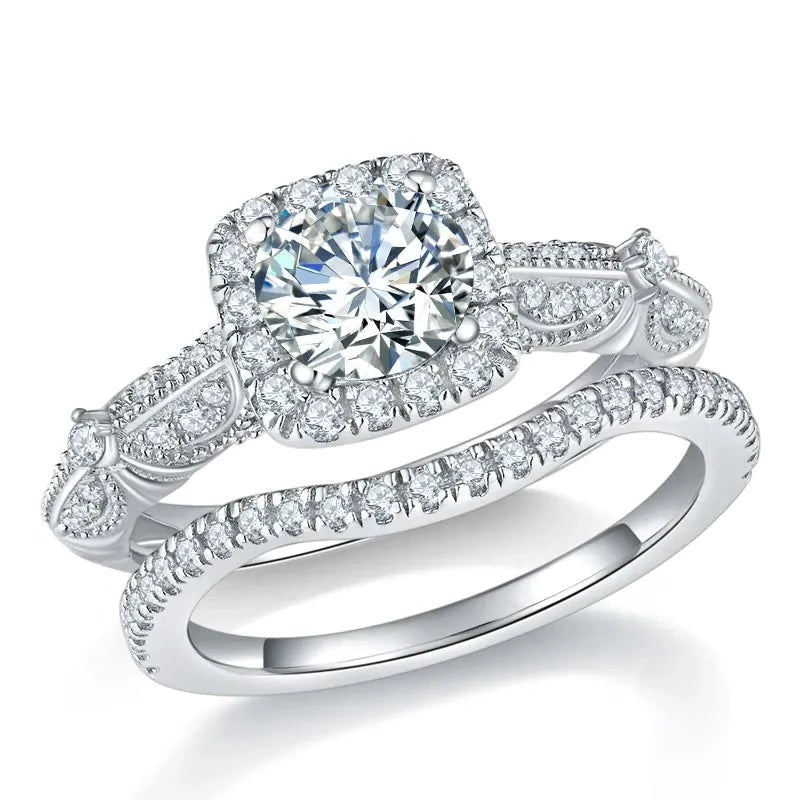 Vintage Halo Design Moissanite Ring Set Sterling Silver