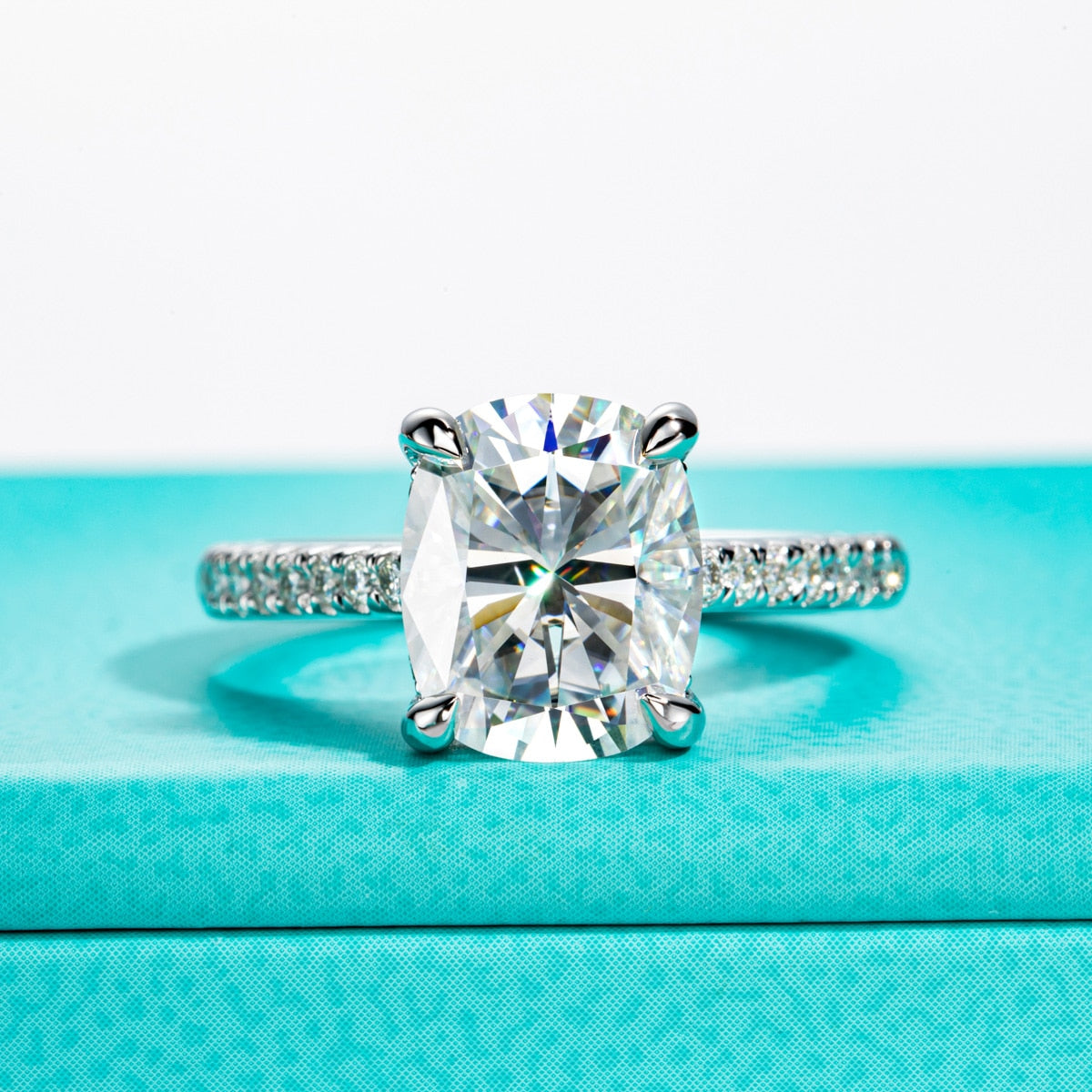 5 Carat Cushion Cut Moissanite Diamond Engagement Ring Sterling Silver