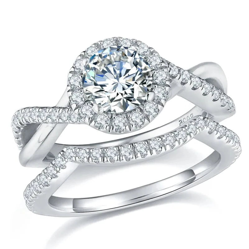 Twist Design Round Halo Moissanite Diamond Ring Set Sterling Silver