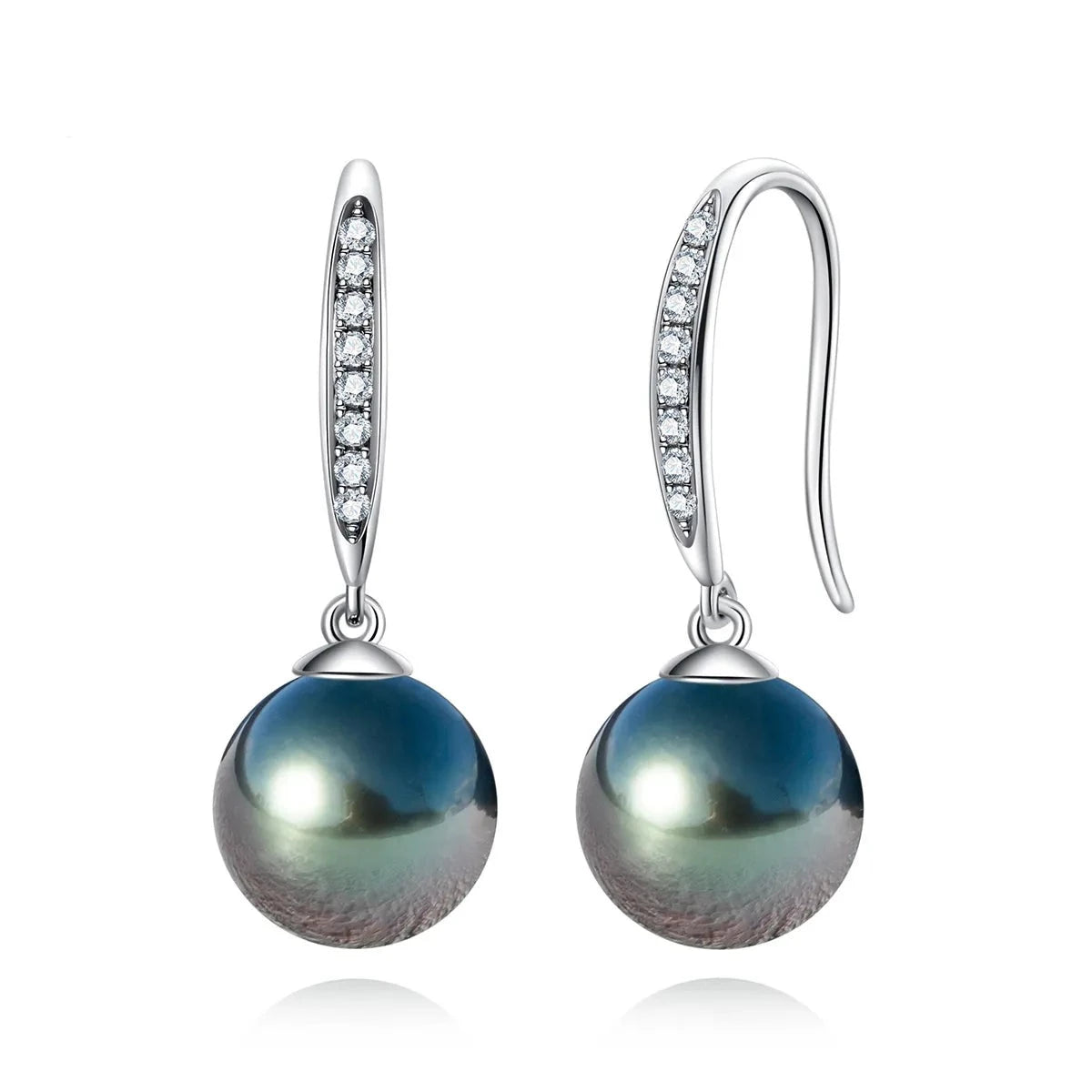 Tahitian Black Pearl Moissanite Diamond Earrings 10K White Gold