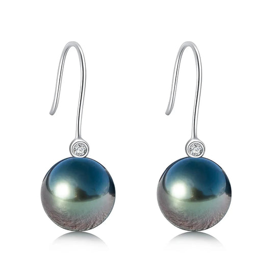 Tahitian Black Pearl Moissanite Drop Earrings 18K Solid Gold
