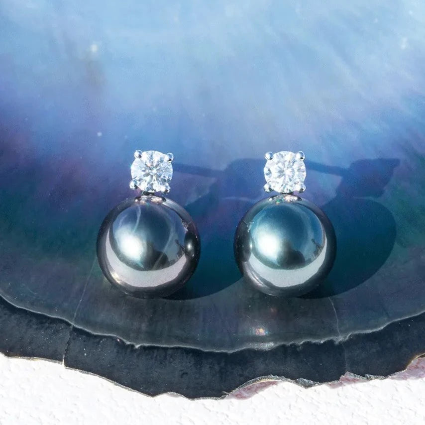 Tahitian Black Pearl Moissanite Diamond Earrings