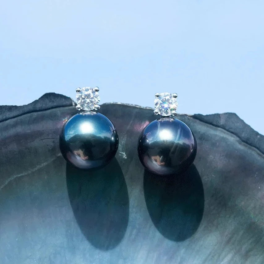 10K White Gold Black Pearl Moissanite Earrings