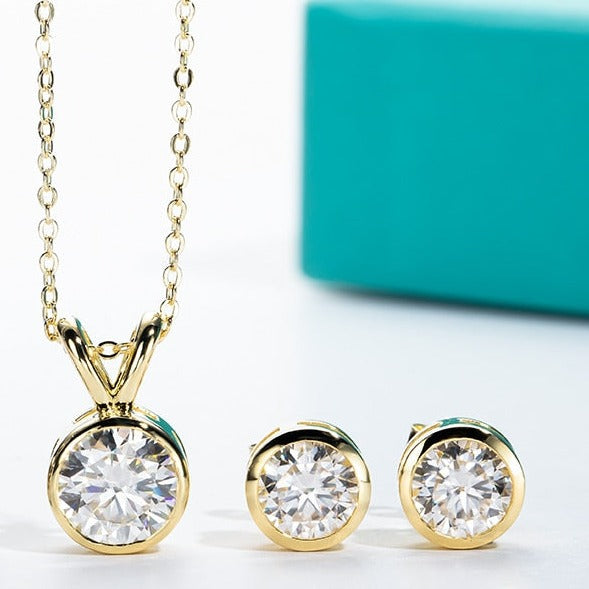 Jewellery Set 2ct Bezel Set Moissanite Necklace and 1ct Moissanite Earrings